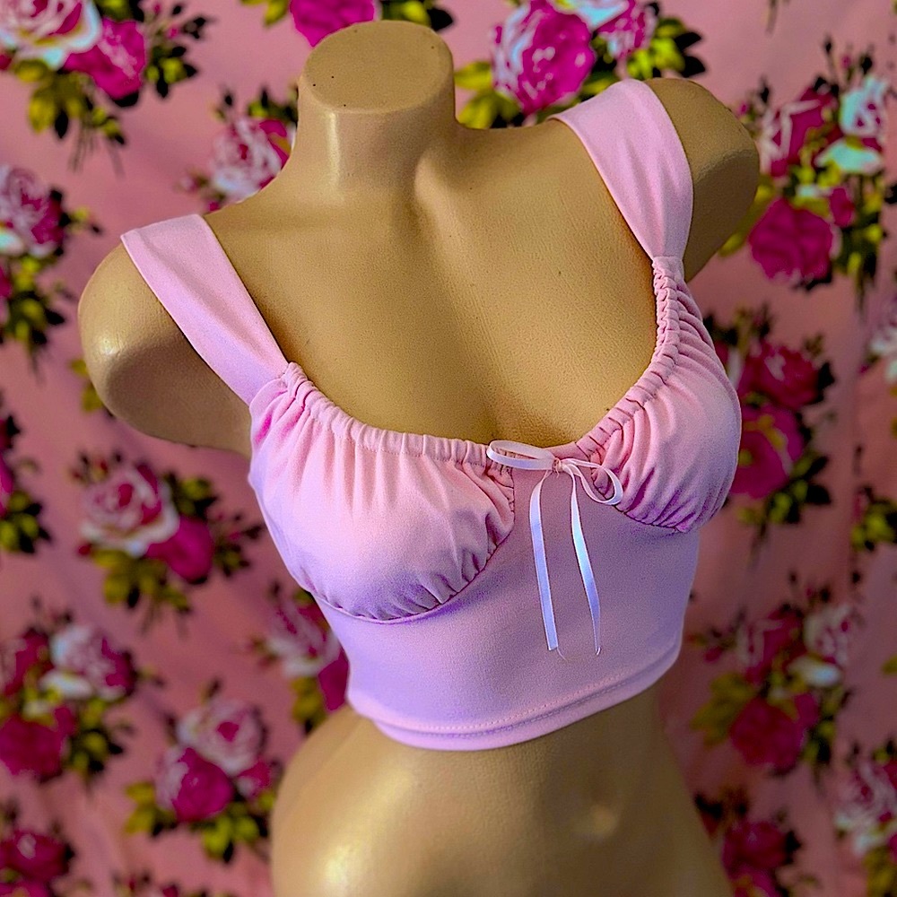 Candy Barbie pink crop top peasant bow peep doll stretchy workout blouse XS